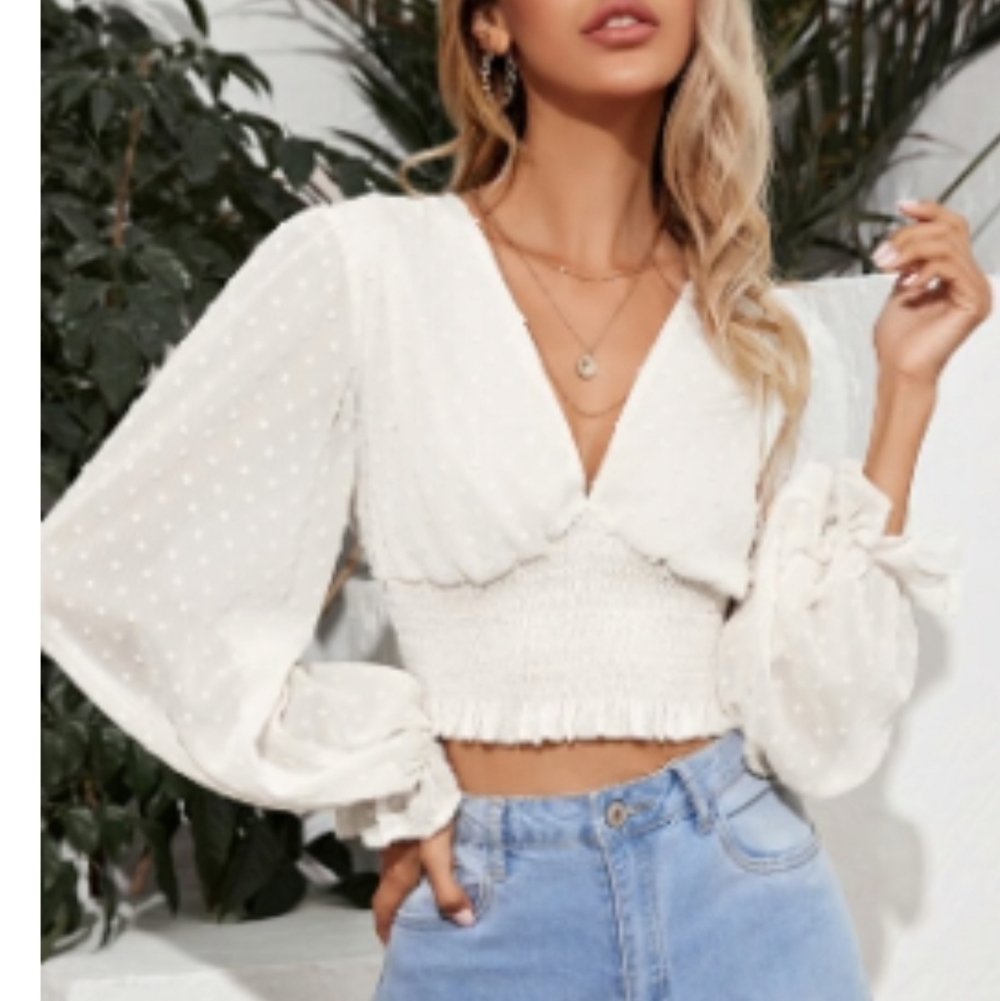 Shein Sheer Crop Top Long Bell Sleeves Rouching Vneck Cream Womens XS
